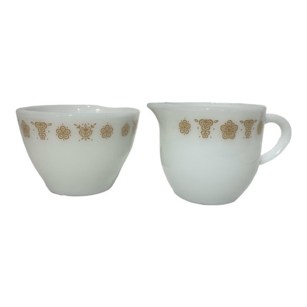 Vintage Corning Pyrex Butterfly Gold Creamer & Open Sugar Milk Glass 2 Piece Set